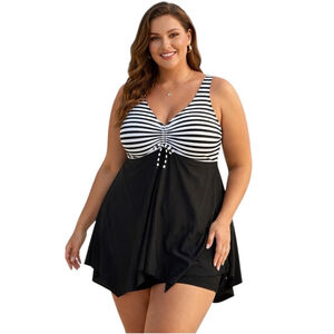 Daci Black & White Striped Swimdress Tankini Set Shorts 28W Plus NWT